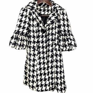 Love stitch•black & white wool balloon sleeve houndstooth coat small